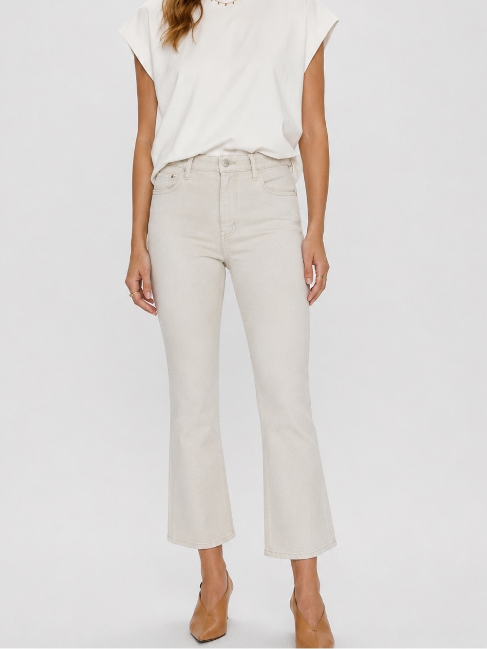 Pistola Lennon High Rise Crop Bootcut Jeans Stone Beige Stretch Denim Neutral